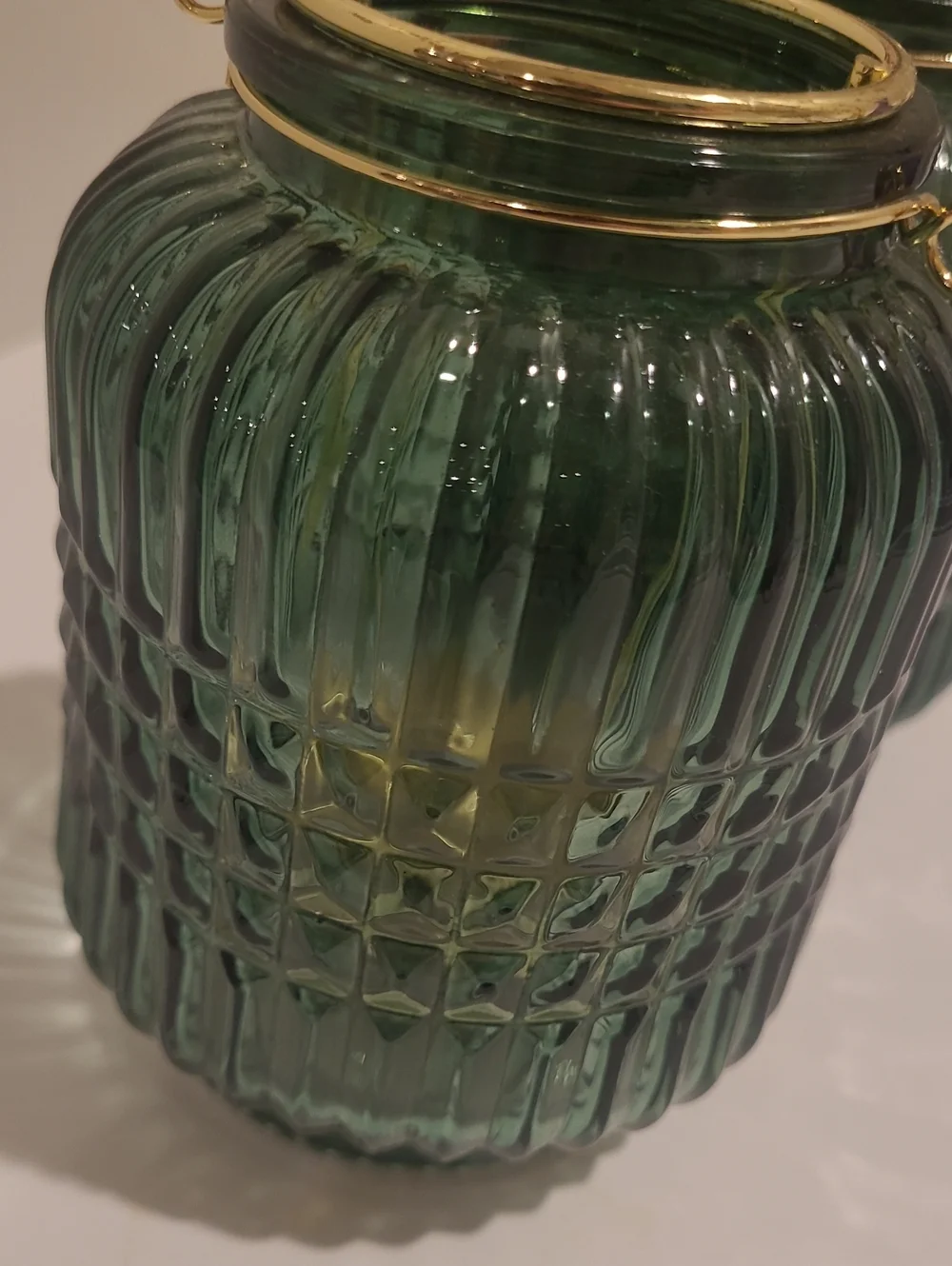 NWOT Green Textured Glass Lantern Pair with Gold Handles